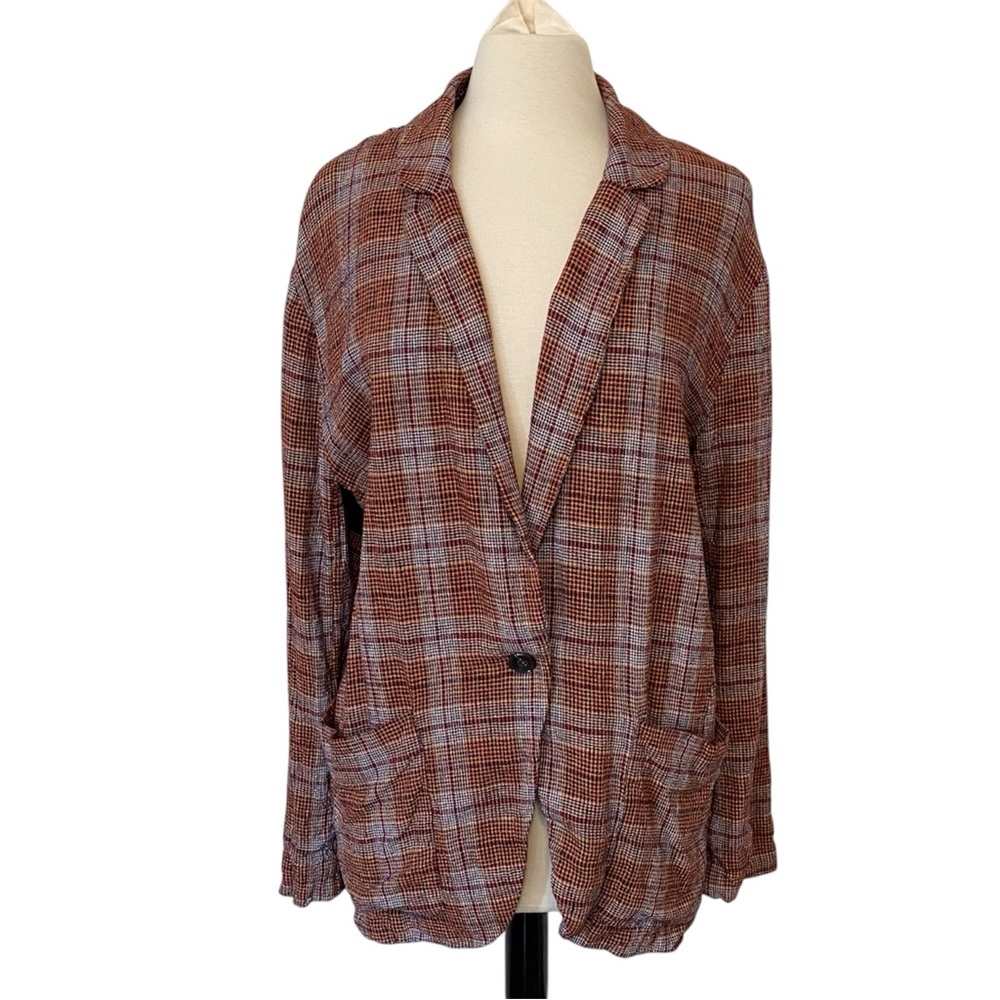 Free People Plaid Oversized Blazer Jacket Small Burgundy Yellow Boyfriend - Picture 3 of 11